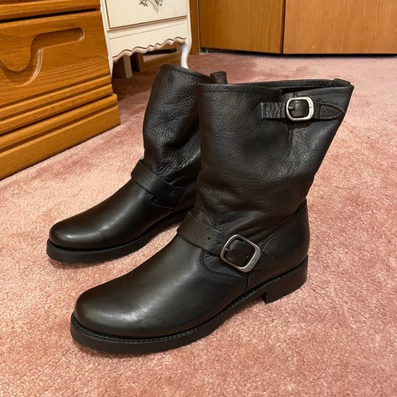 Frye Veronica Black Leather Moto Boot with Pewter Hardware - Picture 4 of 10